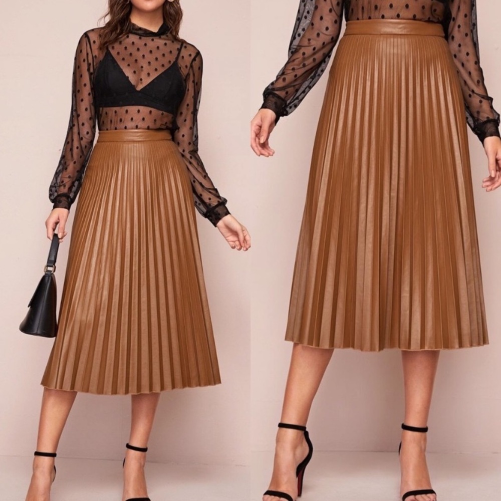 Camel vegan leather pleated midi skirt